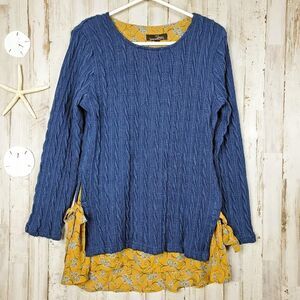 Suzanne Betro Floral Cable Knit Sweater Blue Yellow Size Small